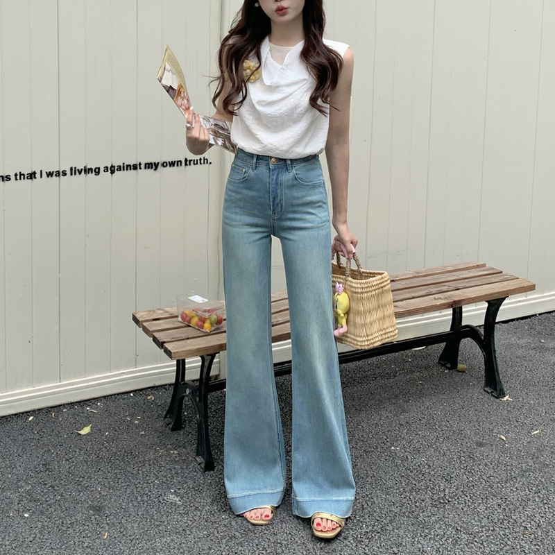 Summer Thin High-Waisted Wide-Leg Straight-Leg Micro-Flared Jeans for Women, Loose and Non-Fitting, Nine-Point Flared Jeans for Small People