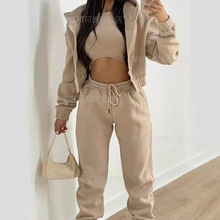 亚马逊欧美女装三件套长裤连帽卫衣运动时尚休闲冬季纯色套装女