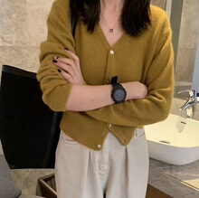 韩版秋季新款羊毛v领开衫女宽松短款纯色毛衣针织羊毛衫简约外套