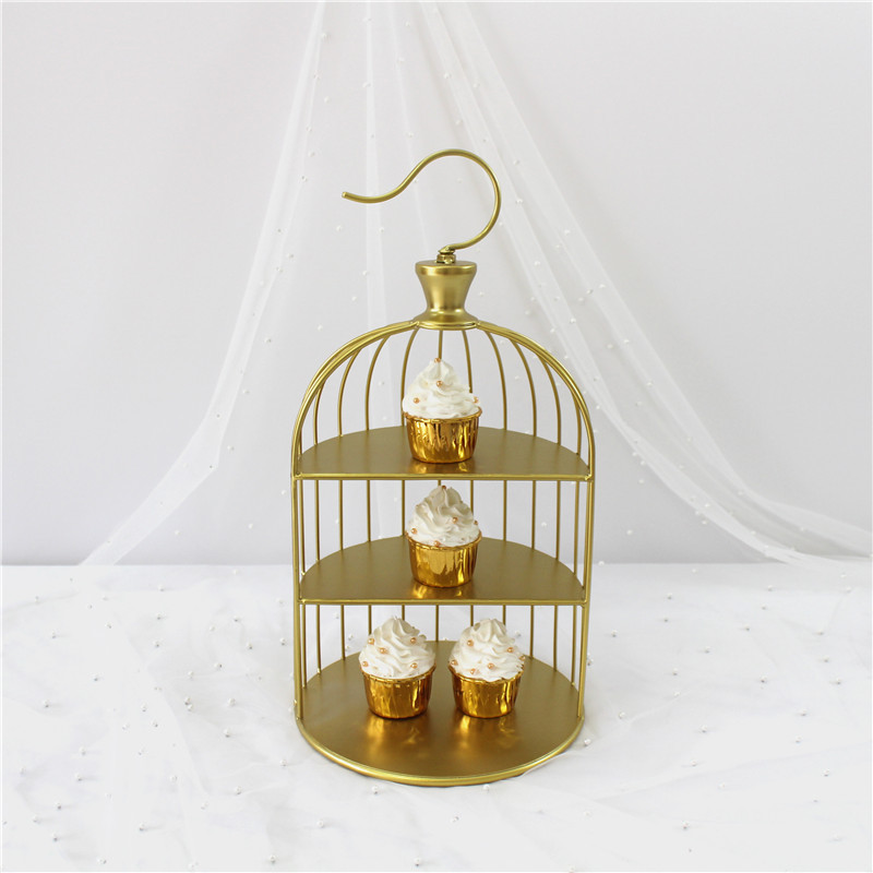Jaula de pájaros de tres capas de postre de pie de mesa de postre decoración de la boda exhibición de mesa de comida fría pastel de pie de té de la tarde Merienda de pie