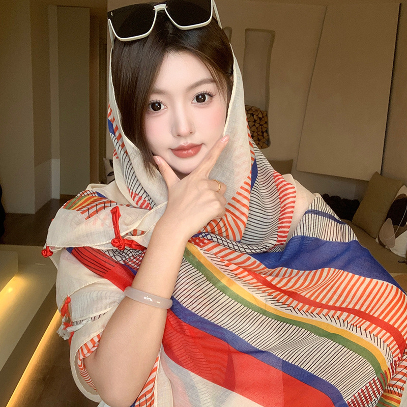 女性用夏の日焼け止め薄いショール、カラフルなストライプのボタン付きエスニックスタイルの旅行着用シルクスカーフ、海辺のビーチガーゼスカーフ|undefined