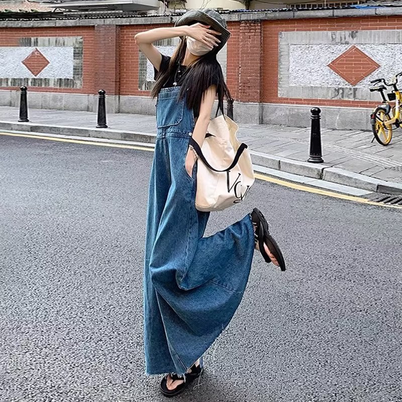 减龄显瘦背带裙牛仔连衣裙女2025秋季新款宽松高个子长裙蓝色裙子|undefined