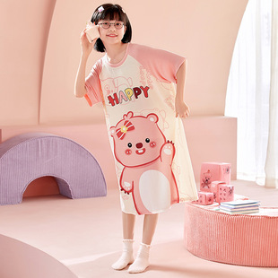 Girls' Summer Thin Modal Short-sleeved 2024 New Style Nightdress Cute Cartoon Little Beaver Middle-sized Children's Home Clothes