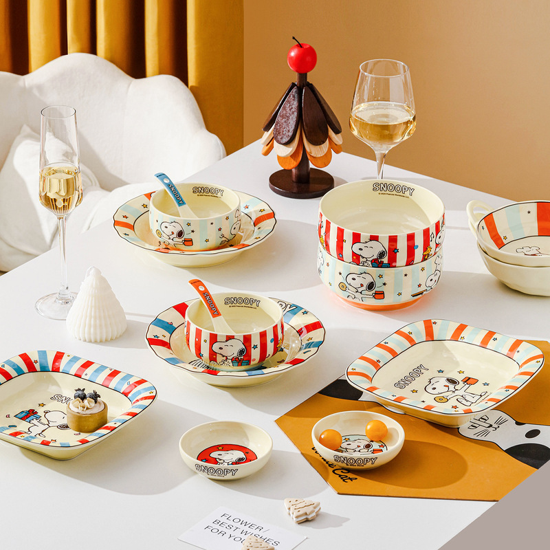 Authentic Snoopy Colorful Ceramic Plate Household Tableware Set Cute Kidsren's Dinner Plate Spoon Chopsticks Plate Soup Bowl Instant Noodle Bowl