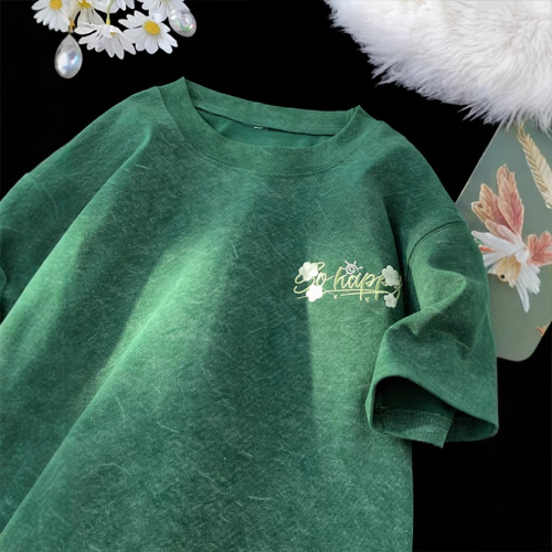 240G Heavyweight Sand-washed Ice Silk Loose Round Neck Short-sleeve T-shirt for Men, Summer Trend Brand Embroidered Ice Silk Half-sleeve T-shirt