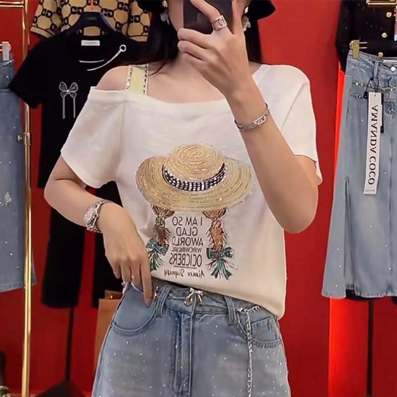 フレンチオフショルダーファッションプリントTシャツ女性用2025夏新スタイルヘビーデューティホットダイヤモンドデザインルーズスリム半袖トップ|undefined