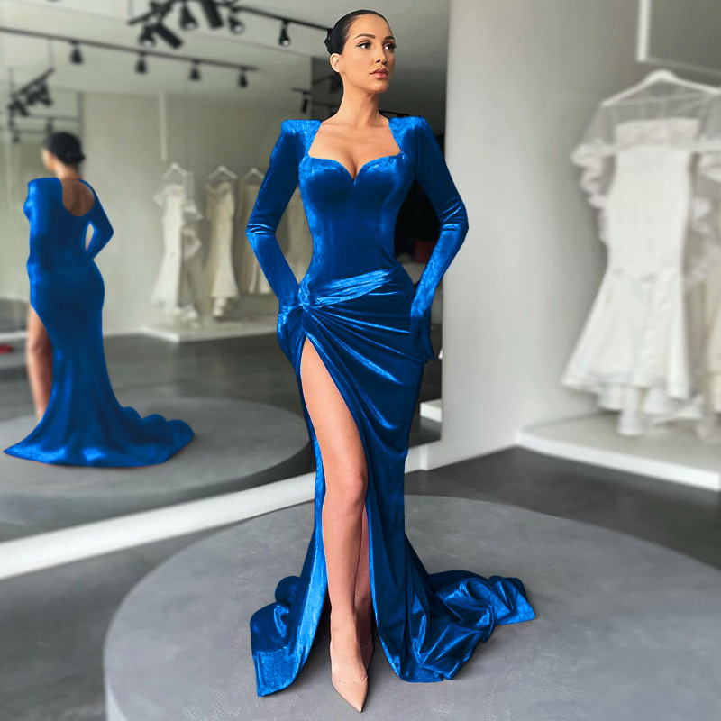 2021 ropa de mujer europea y americana otoño e invierno nuevo elegante Delgado sexy pecho guantes de cintura alta vestido de terciopelo coreano vestido