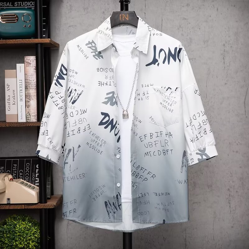Ins Trendy Men's Shirt Autumn Loose Casual Printed Three-Quarter Sleeve Shirt Hong Kong Style Retro Trendy Versatile Jacket