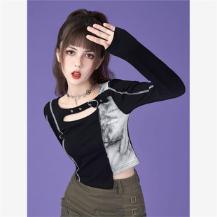 Sweet and Cool Heart Splicing Tie-Dye Long-Sleeved T-Shirt for Women in Autum New Style with Asymmetrical Design Sexy Slim Short Top