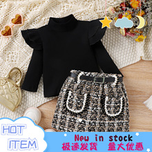 长袖新款配上衣格子短裙秋冬欧美亚马逊女中高领小童套装黑色坑条