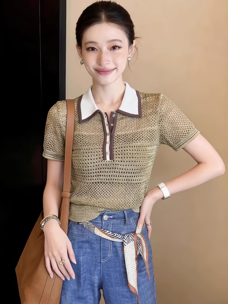 Áo thun dệt kim nữ cổ polo ngắn tay, phong cách Hàn Quốc, thiết kế hở vai lửng — màu sắc