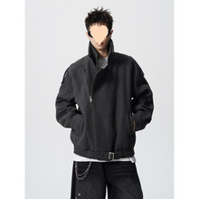 2025秋冬双层领斜拉链设计大码呢料夹克男机车潮酷痞帅外套