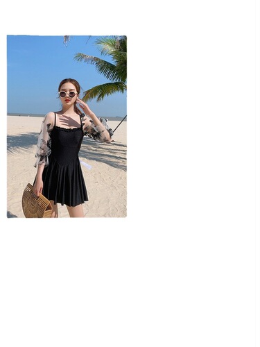 Women's swimsuit long-sleeved one-piece student conservative belly-covering girl cute and sweet dress small breasts sexy open back