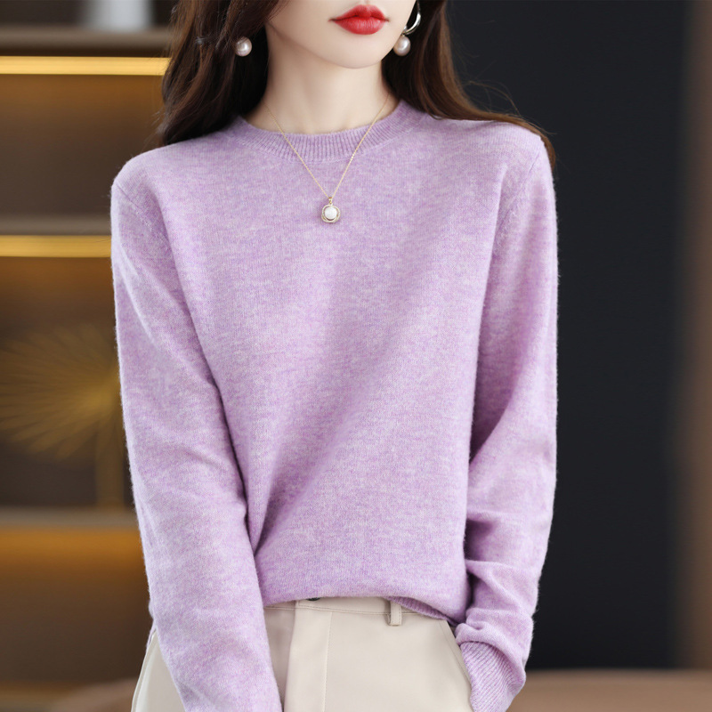 Otoño e Invierno 100% suéter de lana pura de las mujeres de cuello redondo Jersey corto de lana de manga larga suéter recto suéter a juego ropa exterior