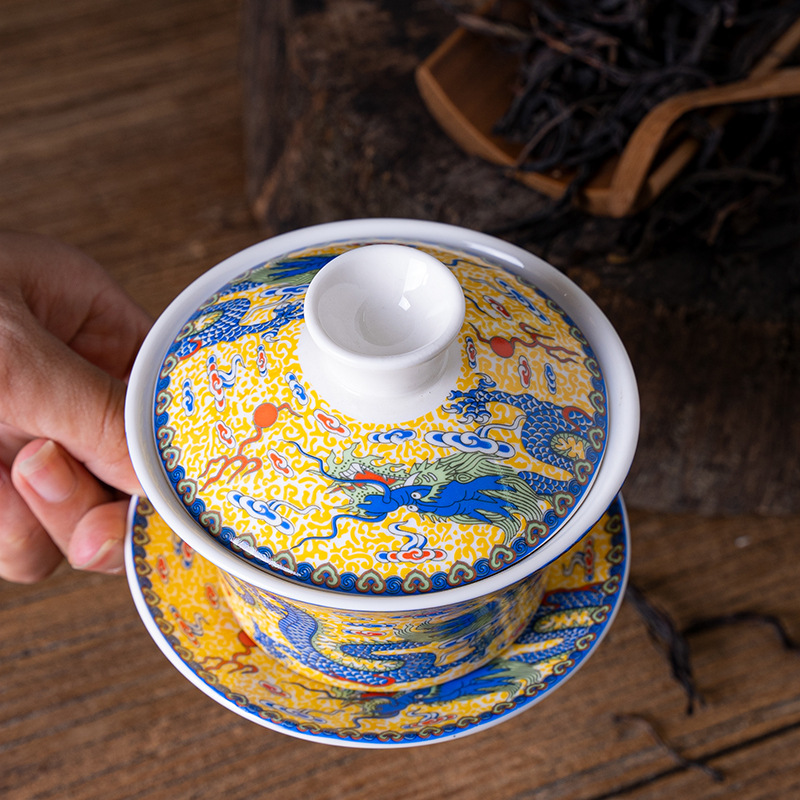 白如雪陶瓷功夫茶具黄双龙盖碗茶杯泡茶碗大号青花瓷三才盖碗单个
