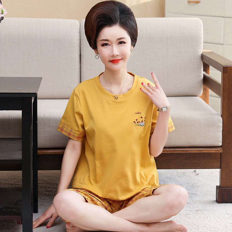 Middle-aged and elderly pajamas women's summer cotton mom cropped pants home wear middle-aged plus size short sleeve shorts suit