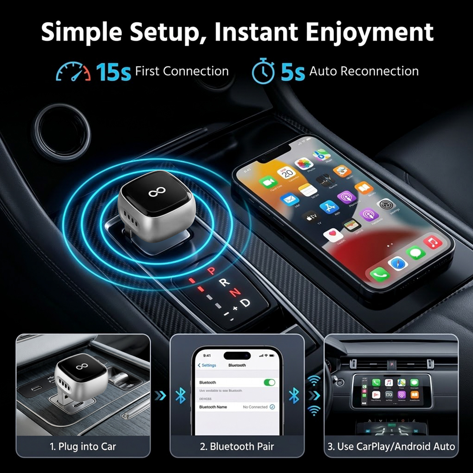 Apple and Android 2-in-1 wired-to-wireless CarPlay adapter, in-car connectivity converter, smart car system box