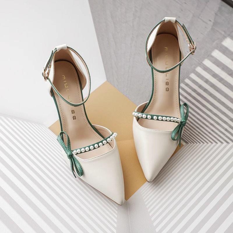 White High Heels Summer 2025 Versatile One-Line Buckle Niche Shoes French Pointed Toe Stiletto Bridesmaid Shoes for Women