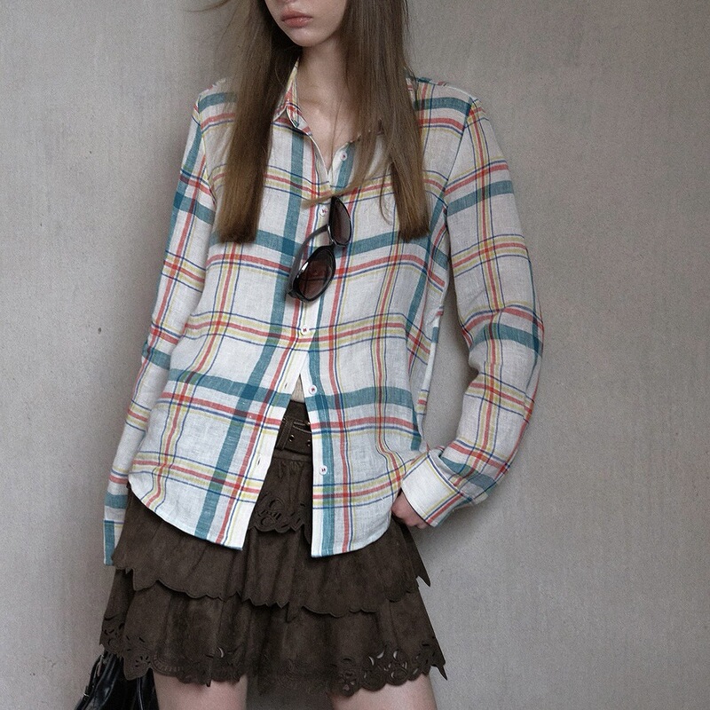 Shao Yao Ju UNSOYA* Sunset at the Castle Medieval Style Hemp Washed Large Checkered Slim Fit Old Money Shirt Autumn Shao Yao Ju UNSOYA* Sunset at the Castle Medieval Style Hemp Washed Large Checkered Slim Fit Old Money Shirt Autumn