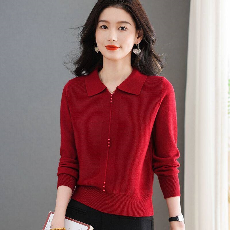 2026 New Trendy Loose Red Turn-down Collar Knit Sweater with Long Sleeves and Button Decoration, Elegant and Fashionable Base Shirt Top 2026 New Trendy Loose Red Turn-down Collar Knit Sweater with Long Sleeves and Button Decoration, Elegant and Fashionable Base Shirt Top