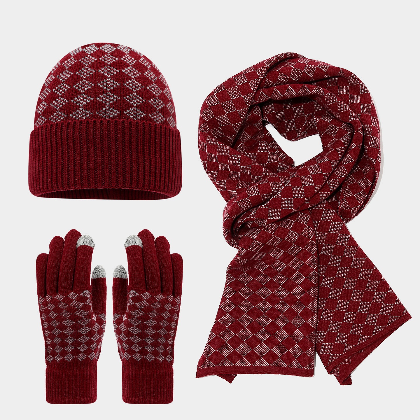 Otoño y invierno guantes de pantalla táctil caliente sombrero bufandas de tres piezas con cuadrícula de diamante antifría extranjera con set de punto caliente