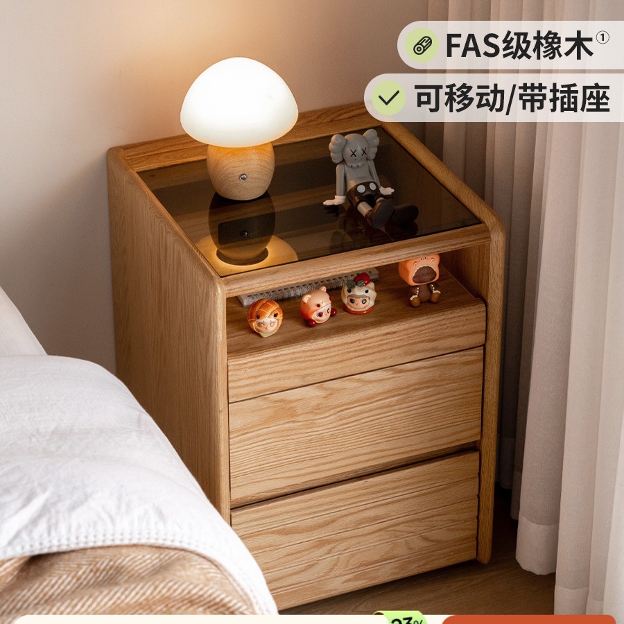 Solid Wood Bedside Table, Log Style Glass Bedside Table, Bedroom Oak with Socket, Mobile Small Storage Cabinet