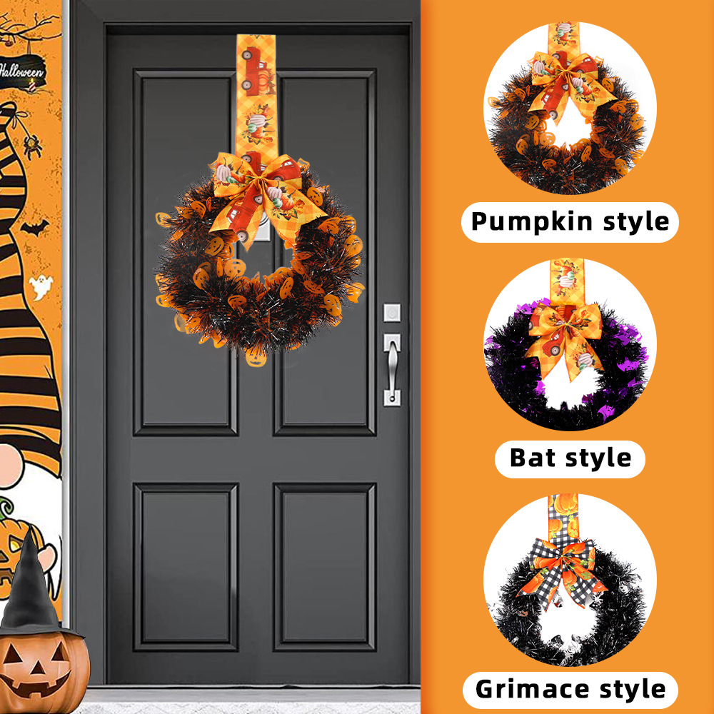 Adorno de Corona de Lazo para Halloween, Decoración para Fiesta del Festival de los Fantasmas, Suministros de Decoración con Calavera, Calabaza, Cinta, Enredadera Artificial, Círculo para Colgar en la Puerta