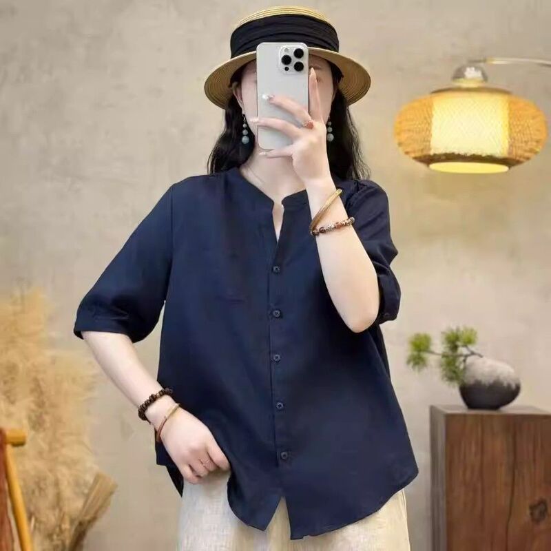 Summer New Style Loose and Versatile Cardigan for Women, Cotton and Linen Short-Sleeved Plain Shirt, Single-Breasted Slim-Fitting Shirt for Women