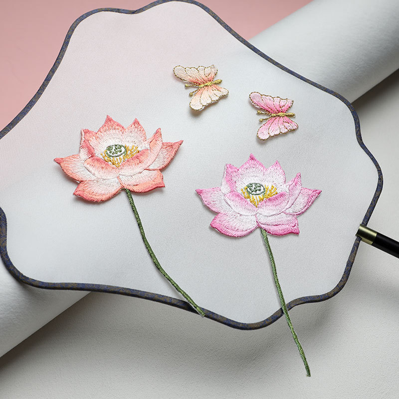 原创荷花刺绣布贴衣服箱包国风装饰绣片Y污渍破损修补背胶熨烫贴