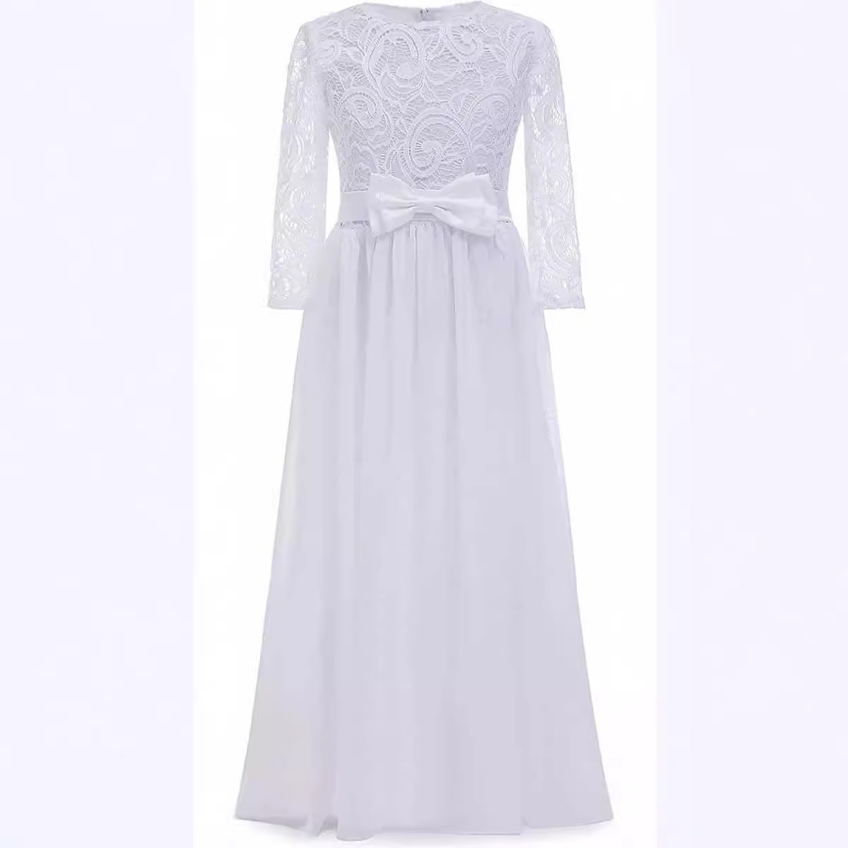 Nuevo vestido de novia para niños de comercio exterior transfronterizo europeo y americano de manga larga de encaje, cuello redondo, cola, vestido de cumpleaños para niña