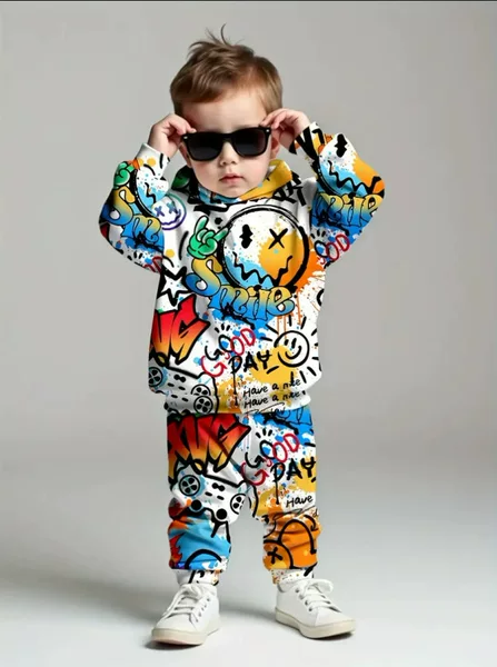 Foreign Trade European and American Temu Autumn and Winter New 3D Digital Printing Kidsren's Sweatshirt Suit Outdoor Sports and Leisure Suit