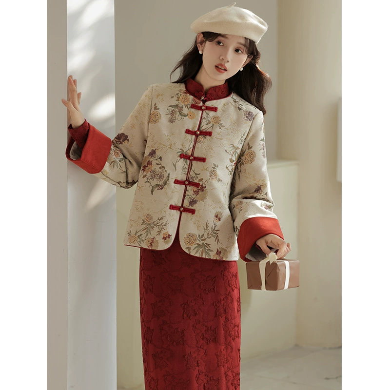 Новый комплект женской одежды в китайском стиле: элегантный винтажный жаккардовый жакет и платье-ципао для осени, размер 50