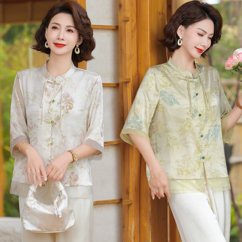 Новая летняя рубашка с короткими рукавами в китайском стиле для мам, женская мода, топ в национальном стиле, модная женская рубашка из тенселя среднего и пожилого возраста