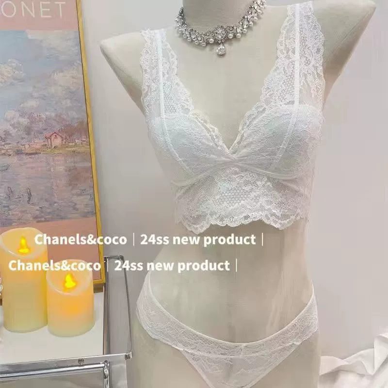 Lace underwear, push up bra, white wireless bra, top with cups, bra top, set, french style