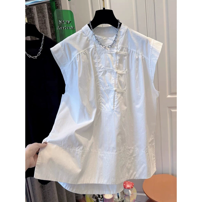 Новый китайский стиль национальный ветер пуговицы белый маленький летающий рукав рубашка женская рубашка свободная без рукавов ретро круглый воротник 2025 летний новый стиль