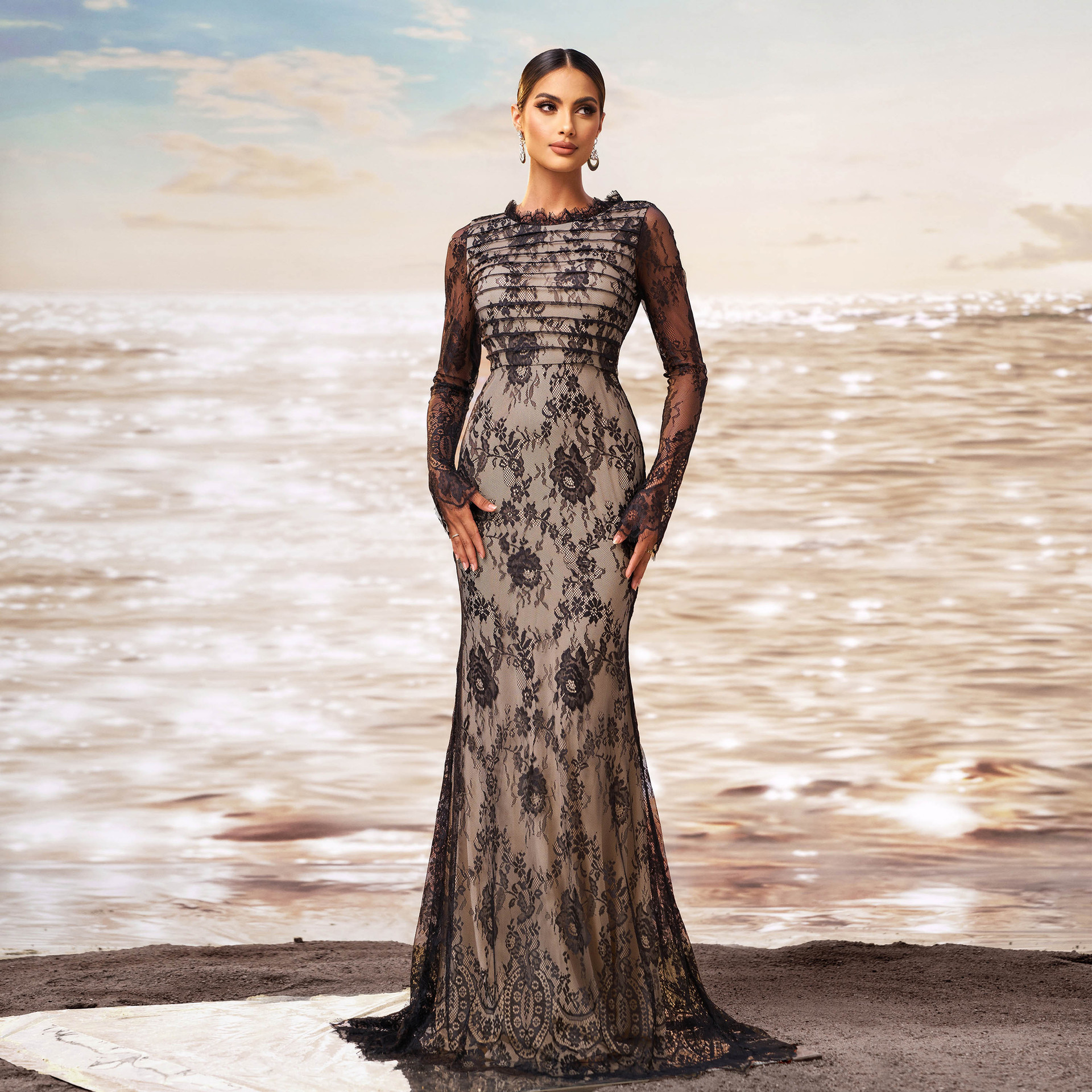 European And American New High End Long Sleeved Round Neck Banquet Mesh Hip Wrapped Fishtail Evening Dress Bridesmaid Dress Dress Women_ecoleips.com