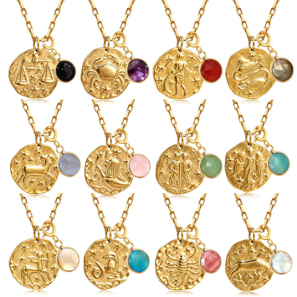 Twelve Zodiac Signs Natural Birthstone Round Pendant Stainless Steel Necklace Vacuum Electroplated 18K Real Gold Wholesale