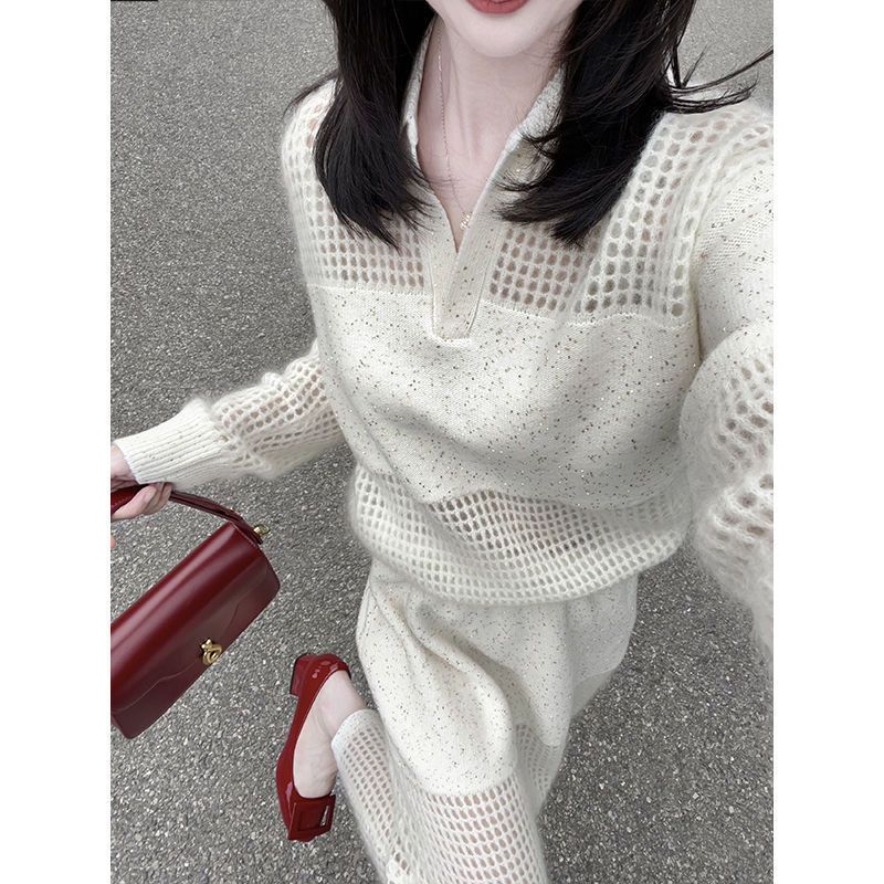 时尚气质v领镂空针织上衣半身裙两件套女轻奢高级感洋气减龄套装|undefined
