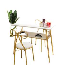 北欧金色铁艺美甲桌 实木双层美甲店桌椅组合 简约美容院修甲桌子