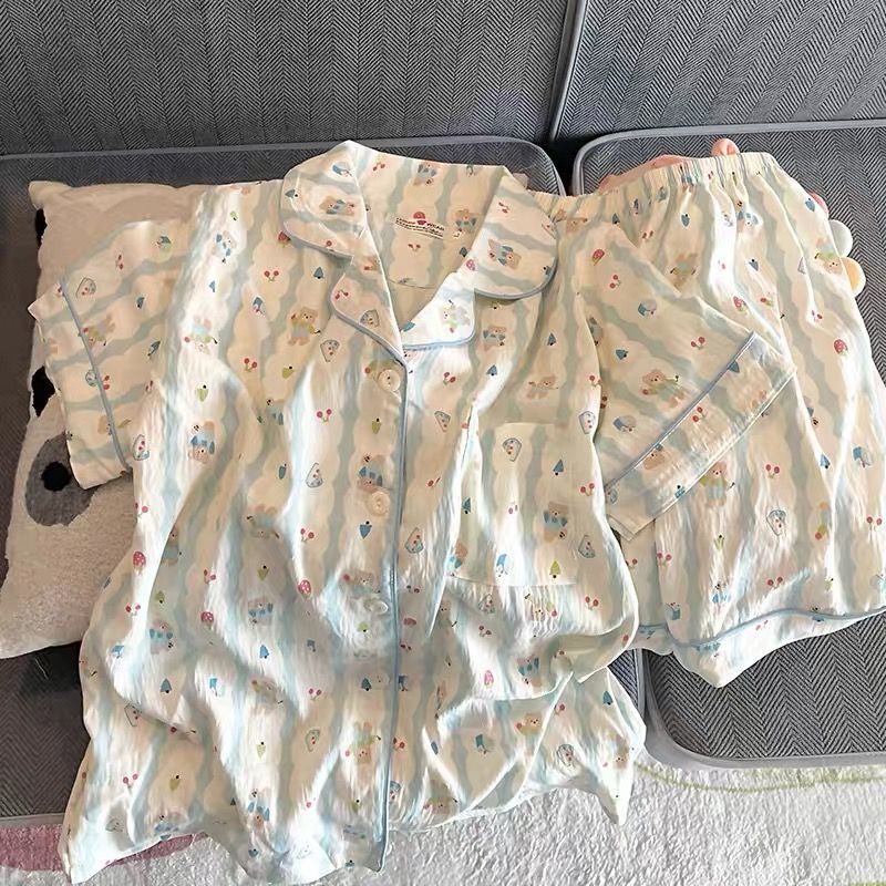 ピンク KT 猫パジャマ夏の女性の純粋な綿半袖ショーツ甘い雲綿夏は家の服セットの外で着用できます|undefined