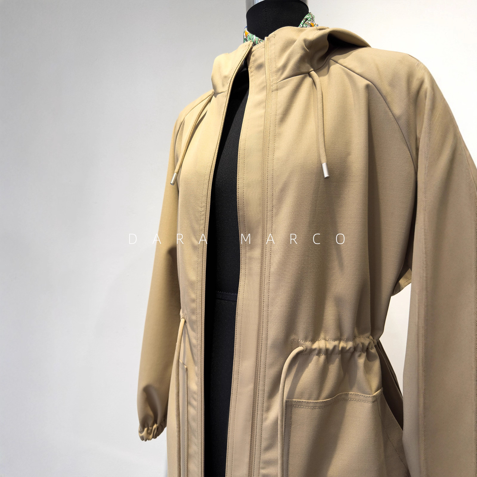 1W Xiaohuo Khaki Windbreaker High-Count Heavy Worsted Wool Mid-Length Hooded Jacket for Women Early Autumn Water-Repellent