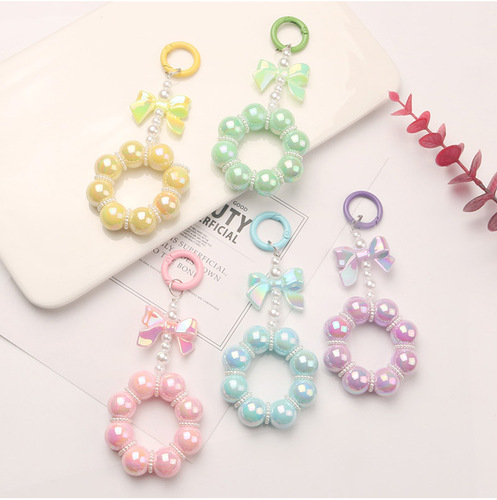 New electroplated bead butterfly knot car keychain pendant cute candy color painted ring pearl accessory package decoration