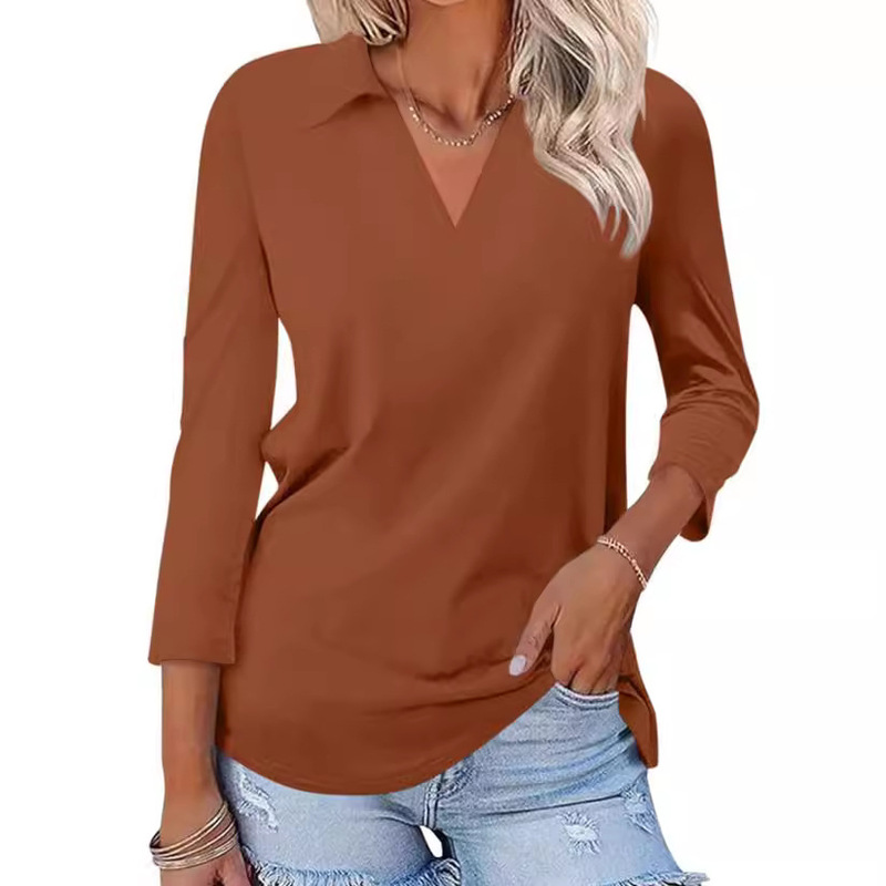 Cross-border Amazon autumn and winter top women's digital 3D printed V-neck 3/4 sleeve stand collar women's T-shirt top