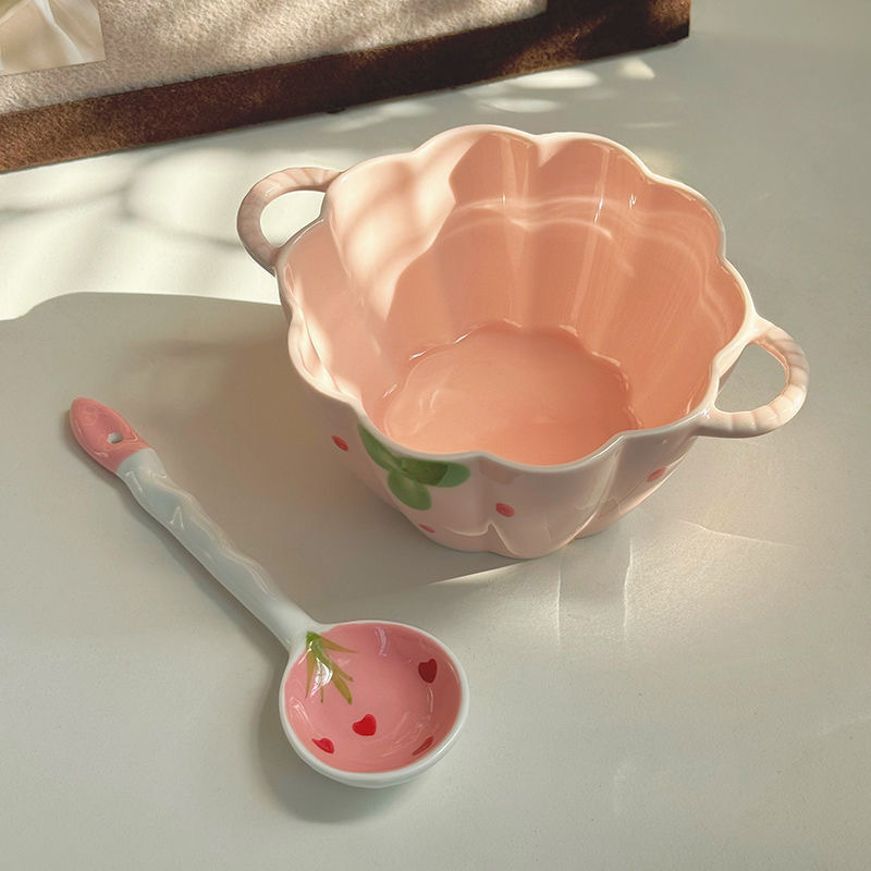 ピンクベリー双耳カボチャセラミックボウルデザートボウル家庭用スープヌードルボウルガールハート食器インスタントラーメンボウル大容量スプーン付き|undefined