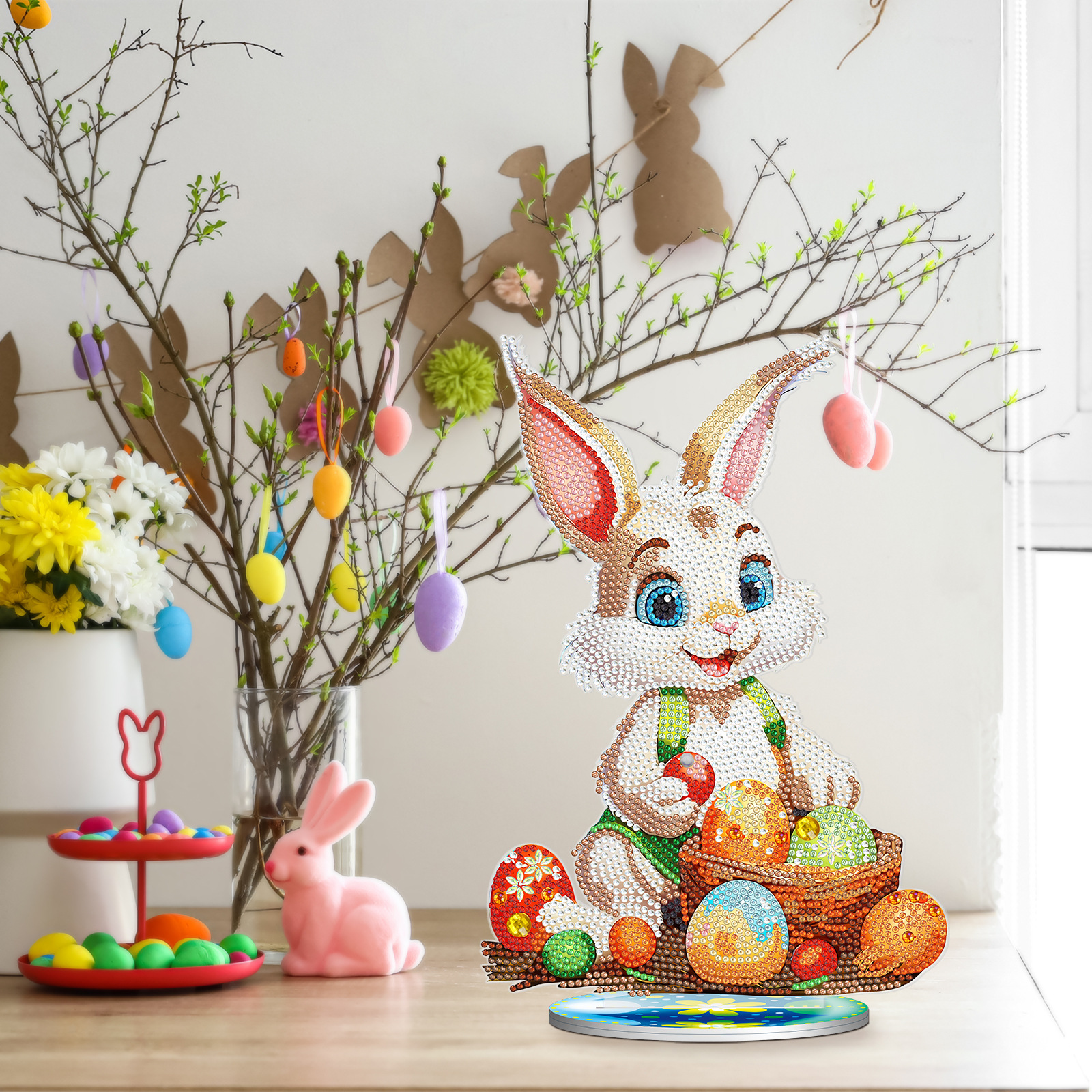 Accesorios para pintura de diamantes, decoración DIY de Pascua, pieza decorativa 5D con diseño de conejo y huevo.