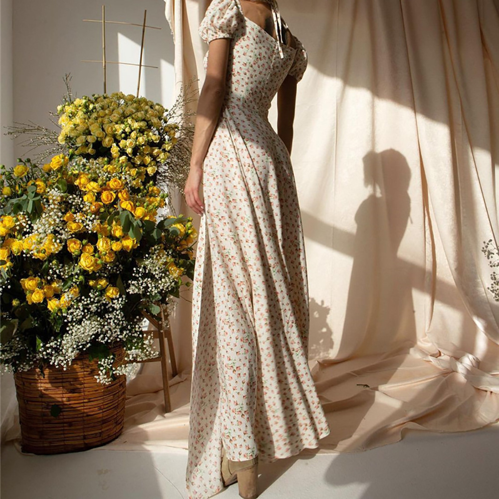 vestido floral con abertura y volante retro con escote cuadrado NSHHF119182