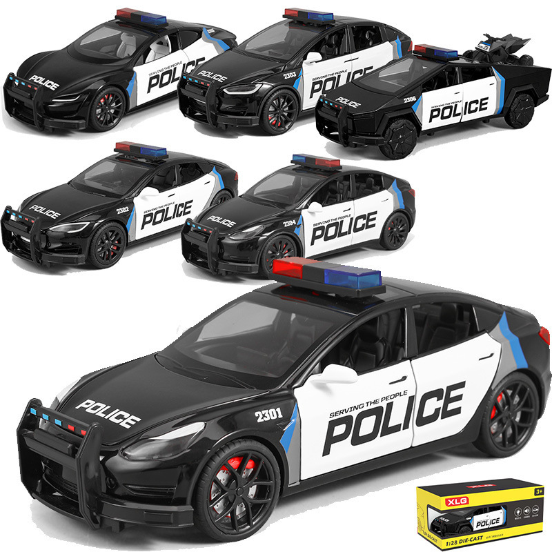 XLG Alloy Car Model 1/24 Tesla Police Car Toy Pickup Truck sports car Eamodou 3 Foreign Police Car Electric Pile