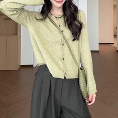 韩系慵懒风绿色长袖针织开衫女微胖MM大码宽松显瘦内搭叠穿上衣