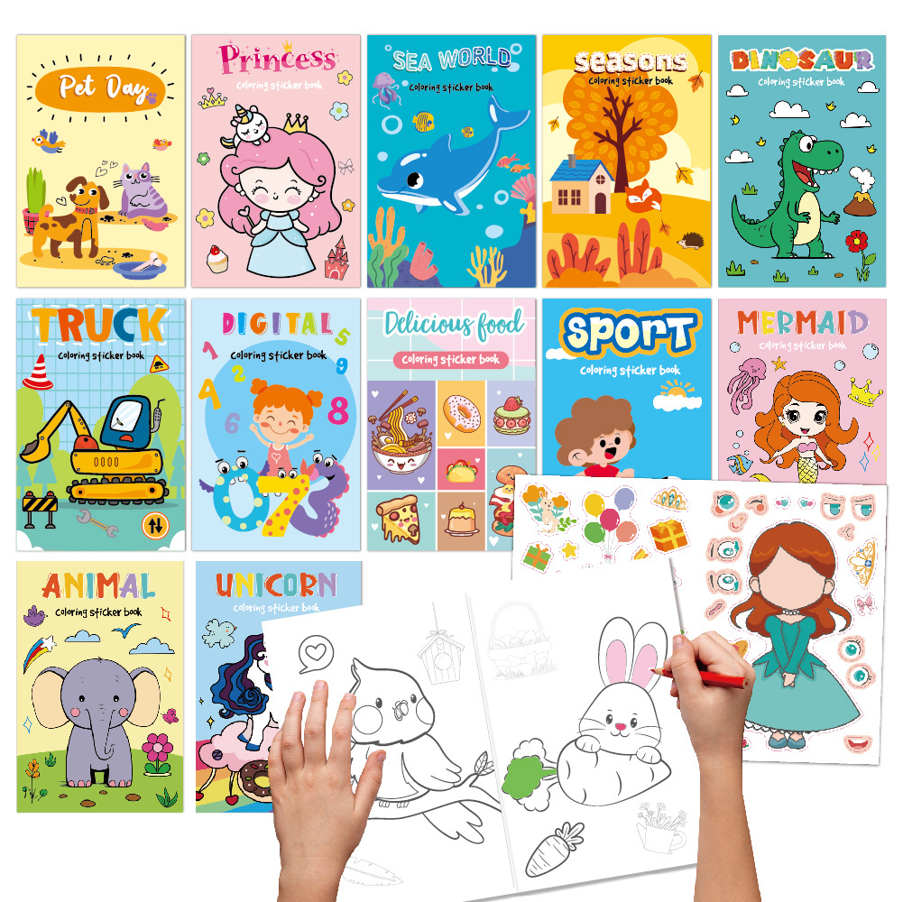 跨境涂色贴纸书儿童卡通涂鸦画画启蒙趣味节日派对主题活动涂色本
