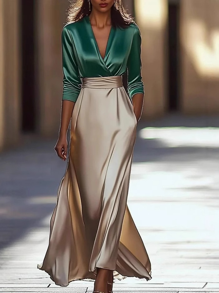 2025 Cross-Border European and American Clothing Amazon Satin Long-Sleeved Top + Fashionable and Elegant Celebrity Skirt Long Skirt